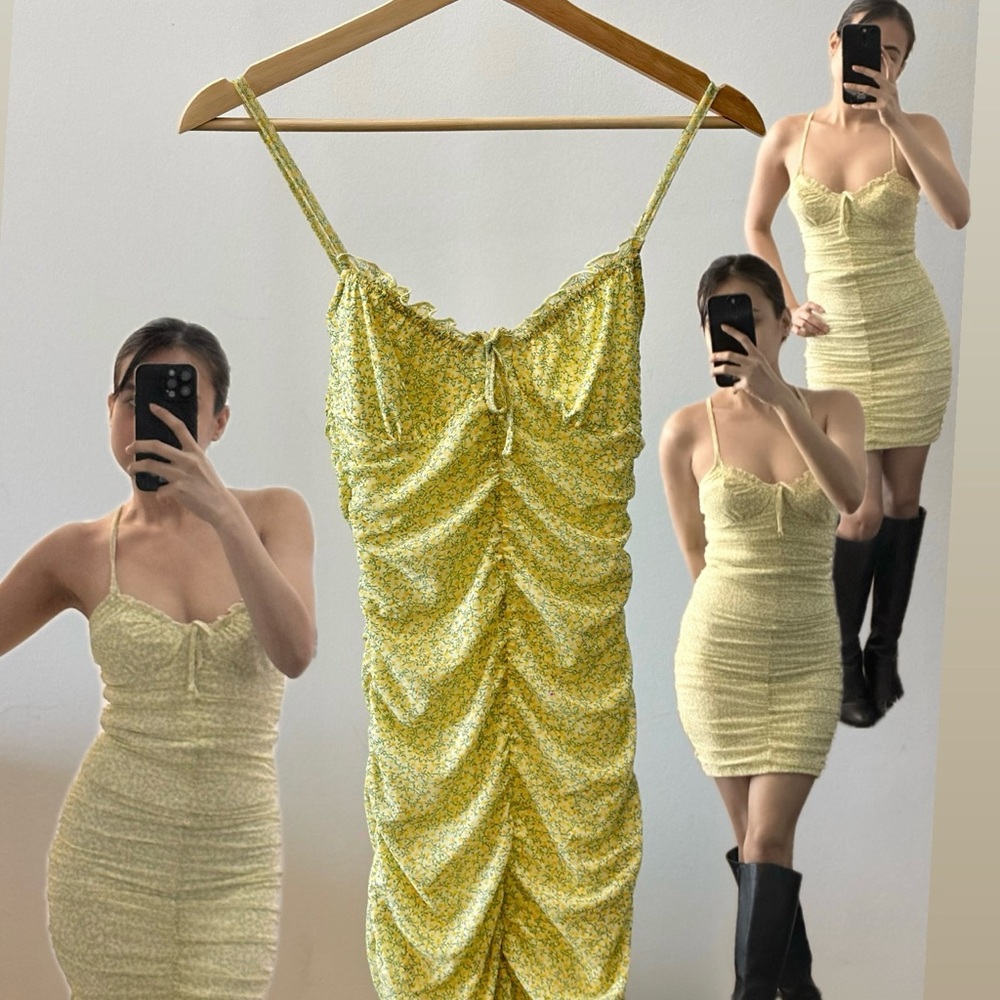 Floral Yellow Ruched Dress